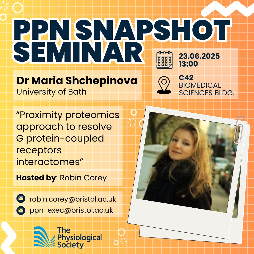 ⚠️Join us Monday 23rd June at 1PM in C42 of BSB for Dr Maria Shchepinova's Snapshot Seminar📷
<a href="/RobinCorey1/">Robin Corey @robincorey.bsky.social</a>

Snapshot seminars are generously sponsored by The Physiological Society (<a href="/ThePhySoc/">The Physiological Society</a>)  #UoBPPN #PPNSnaps