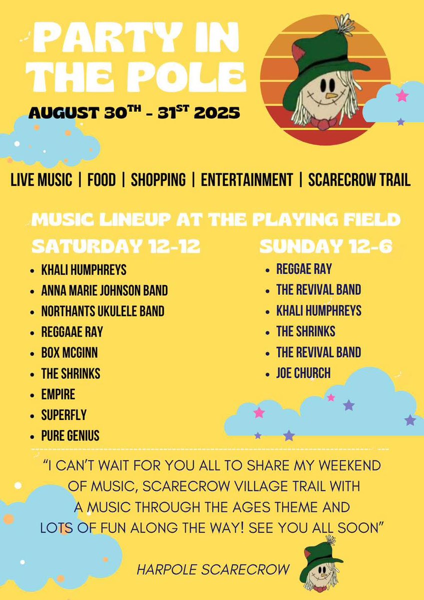 🗓 30th and 31st August

Party in the Pole will take place in Harpole with a Scarecrow Trail, Stalls, Live music and more

ℹ️ Visit the Facebook page for updates facebook.com/share/16NyD4xQ…