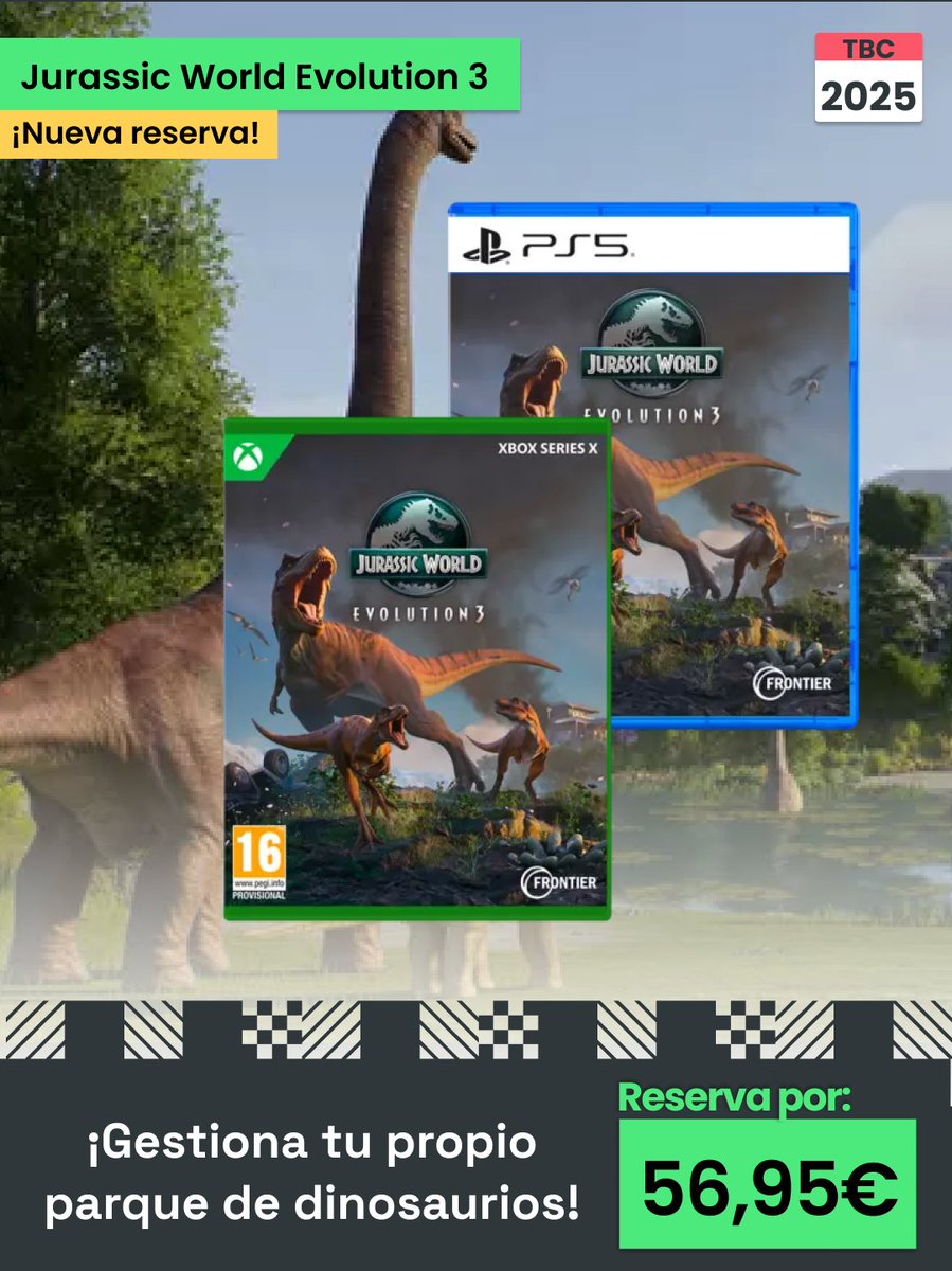 Info para fans de #JurassicWorld 

Gestiona tu propio parque de dinosaurios en la nueva entrega de #JurassicWorldEvolution3🦖

Todo está bajo tu control: visitantes, especies y científicos👨‍🔬

¡Evita el caos en las instalaciones!⚠️

RESERVA por 56,95 € ➡️ tinyurl.com/2w652rxb