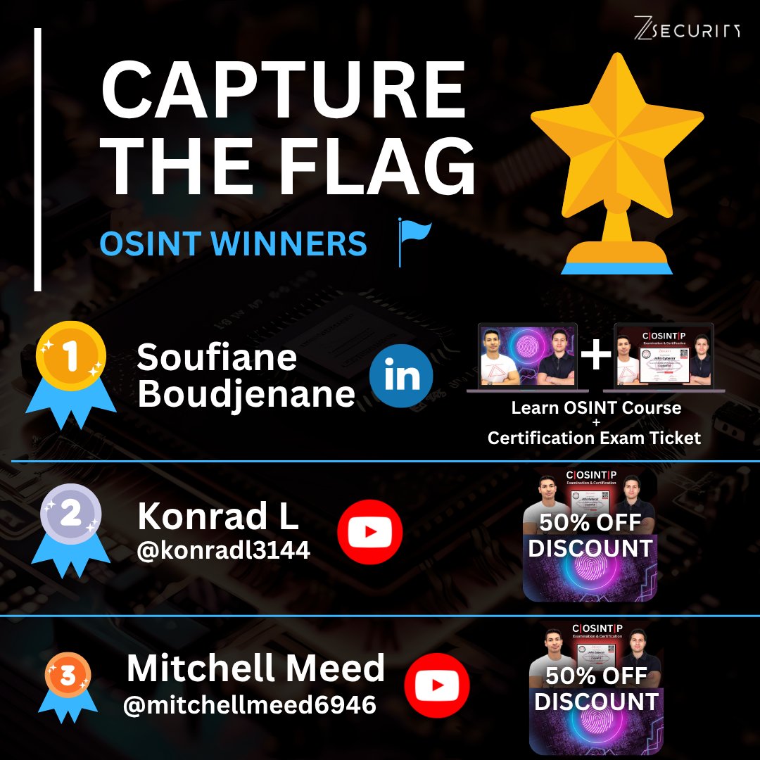 🎉🏆 Congratulations to Our OSINT CTF Winners! 🏆
A huge thank you to everyone who participated in our latest OSINT Capture The Flag (CTF) challenge — your skills, determination, and creativity blew us away!

Special shoutout to our top winners:
 🥇 1st Place: Soufiane Boudjenane