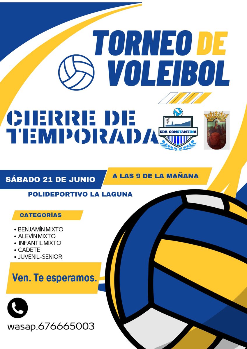 🏐🤾🏻🤾🏻‍♂️ TORNEO DE #VOLEIBOL
La Escuela Deportiva Municipal de Voleibol del Ayuntamiento de Constantina te trae un torneo como cierre de temporada el sábado 21 de junio a partir de las 9:00 horas en el Polideportivo "La Laguna".
Asiste.