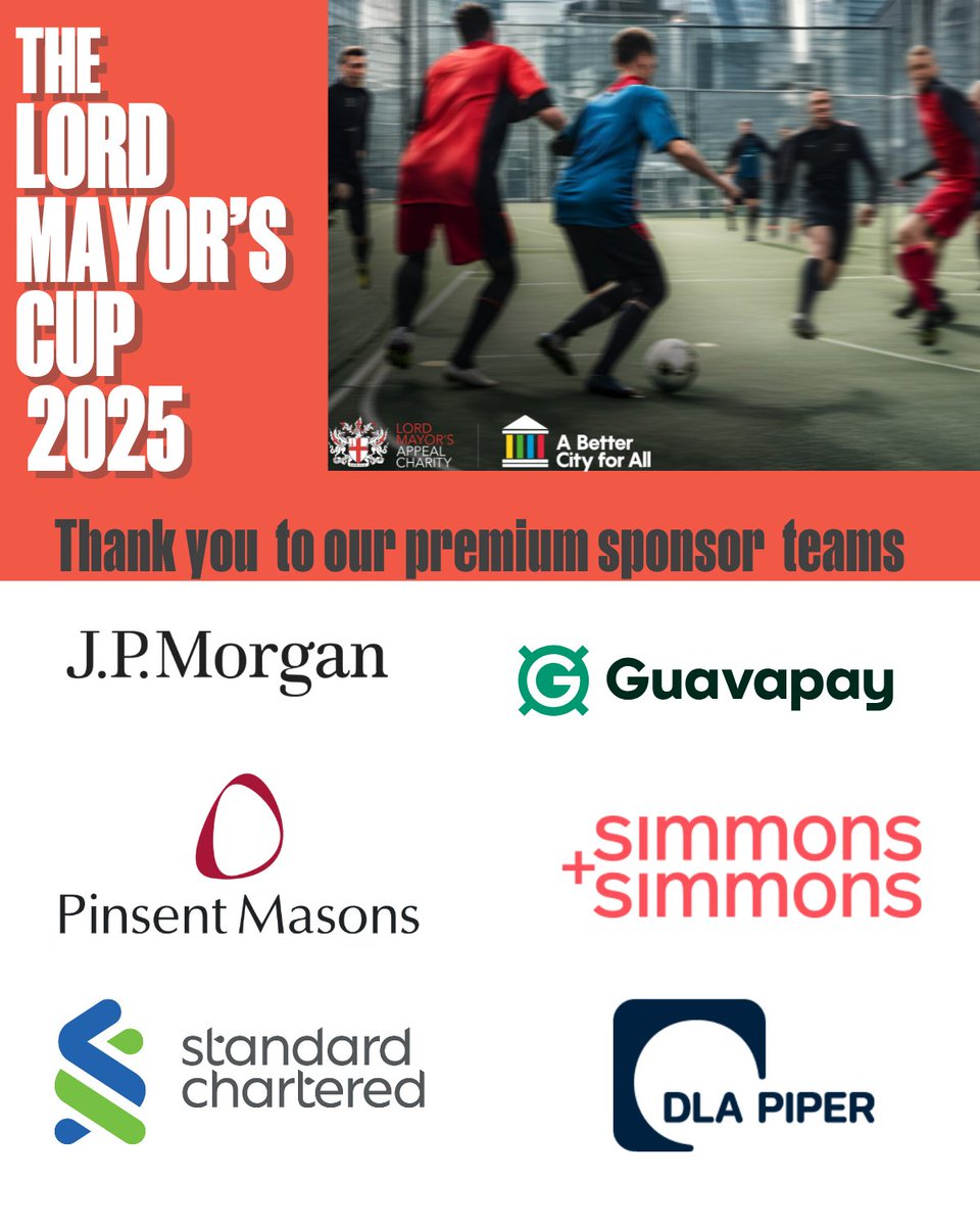 LMAppeal's tweet image. We’re excited to welcome teams from @jpmorgan , @guavapay , @PinsentMasons , @SimmonsLLP , @StanChart  &amp;amp; @DLA_Piper  to #TheLordMayorsCup on 27 June! ⚽
5-a-side, padel, games &amp;amp; BBQ—all for a Better City for All 
Register: lnkd.in/egHUzbGx
📩 events@thelordmayorsappeal.org