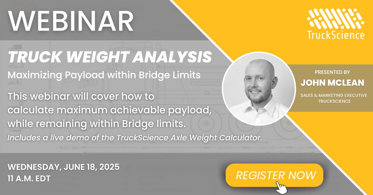 Webinar TODAY!

Take 45 minutes to learn how to use the TruckScience Axle Weight Calculator to deliver safe, legal and efficient trucks.

Register here - us06web.zoom.us/webinar/regist…
