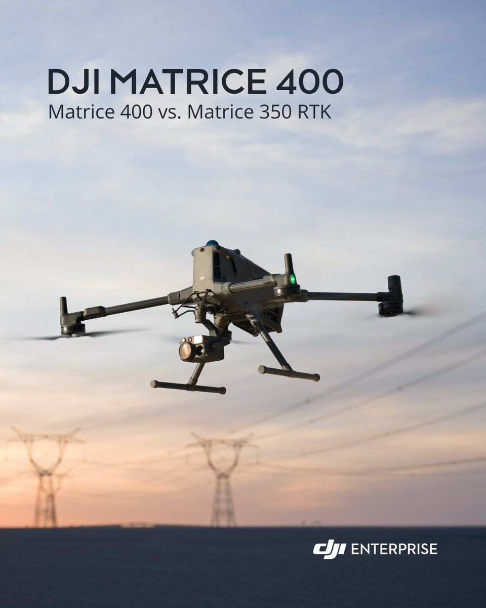 DJIEnterprise's tweet image. M350 RTK vs. Matrice 400 ⚖️
What’s new? Longer flight time, bigger payload, smarter missions. See why DJI’s newest flagship is built for serious operations. 👉 brnw.ch/21wTuE8