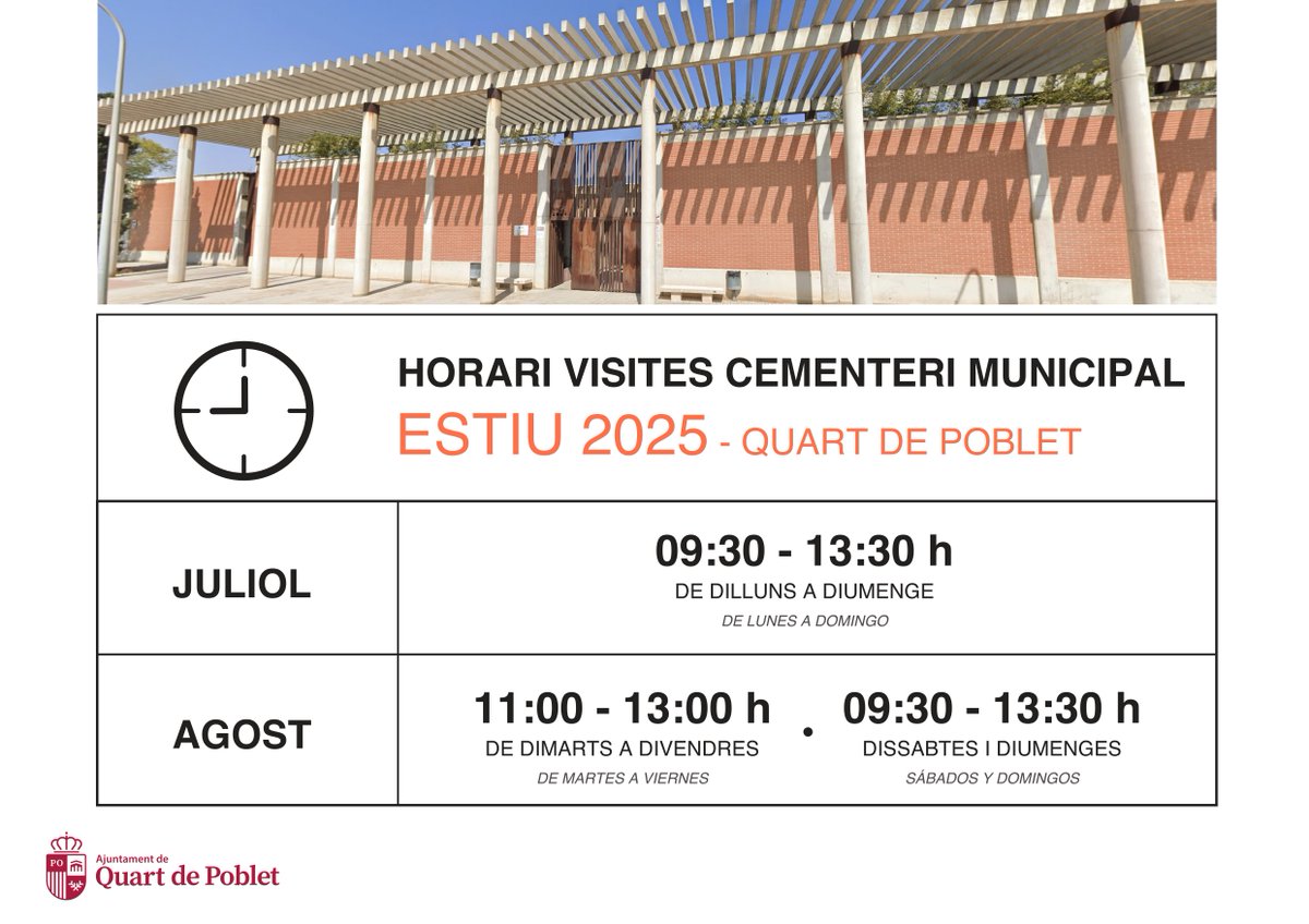 Nou horari d'estiu al cementeri municipal:
Juliol: de dilluns a diumenge en horari de 9.30 a 13.30 hores.
Agost: de dimarts a divendres d'11.00 a 13.00 hores i dissabtes i diumenges de 9.30 a 13.30 hores.
