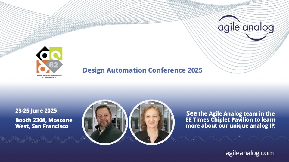 AgileAnalog (@agileanalog) on Twitter photo Only a few days to go until DAC #DesignAutomationConference. Catch up with the <a href="/AgileAnalog/">AgileAnalog</a> team in the #EETimes Chiplet Pavilion, booth 2308, 23-25 June, to find out more about the benefits of our customizable multi-process #analogIP.
agileanalog.com/event-posts/da…
#chipdesign Only a few days to go until DAC #DesignAutomationConference. Catch up with the <a href="/AgileAnalog/">AgileAnalog</a> team in the #EETimes Chiplet Pavilion, booth 2308, 23-25 June, to find out more about the benefits of our customizable multi-process #analogIP.
agileanalog.com/event-posts/da…
#chipdesign