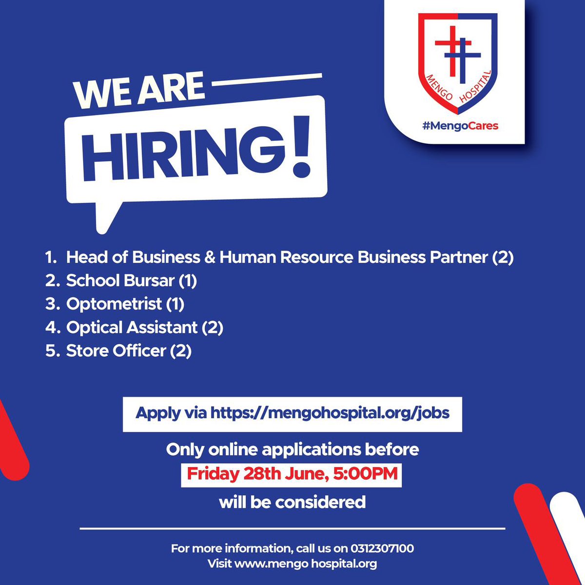 Join the team at Mengo Hospital &amp; contribute to our mission of compassionate, high-quality healthcare.

We're looking for committed individuals to fill the roles listed below.

Apply via mengohospital.org/jobs/ by 5:00 PM on Friday 28th June.

#MengoCares