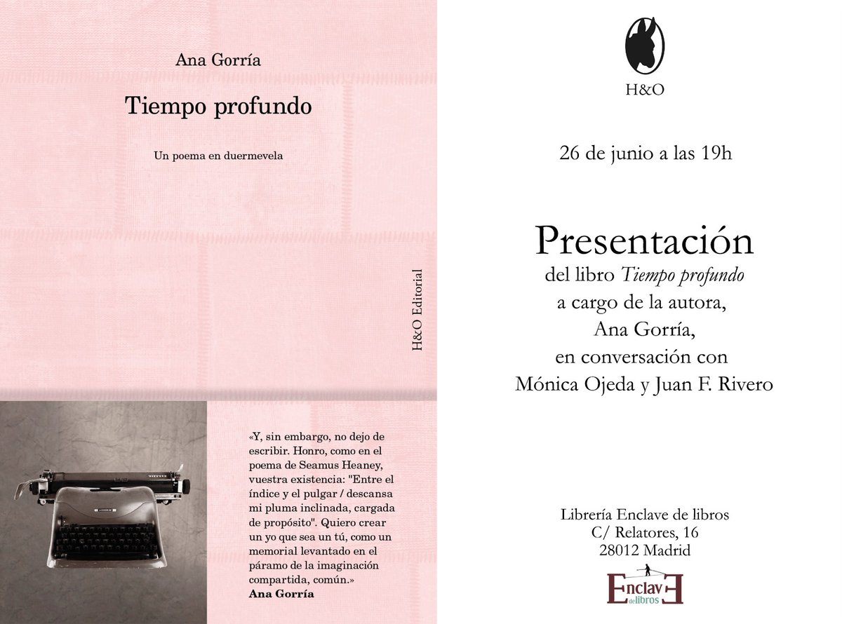 Amigas, ya podemos contarlo. El jueves 26 Mónica Ojeda y yo presentaremos en la Enclave de Madrid 'Tiempo profundo', el ensayo o poema en duermevela que @anagorria ha lanzado en H&amp;O. 

Sin duda uno de los libros más potentes que ha salido en lo que va de año.

¡No faltéis! ❤️‍🔥
