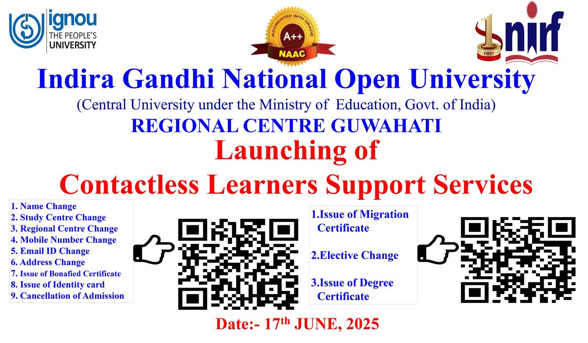 The  IGNOU Regional centre Guwahati has launched Digital contactless  learners support services in 12 services related to Ignou learners today  the 17th June, 2025 at the Conference  Hall. <a href="/OfficialIGNOU/">IGNOU</a>