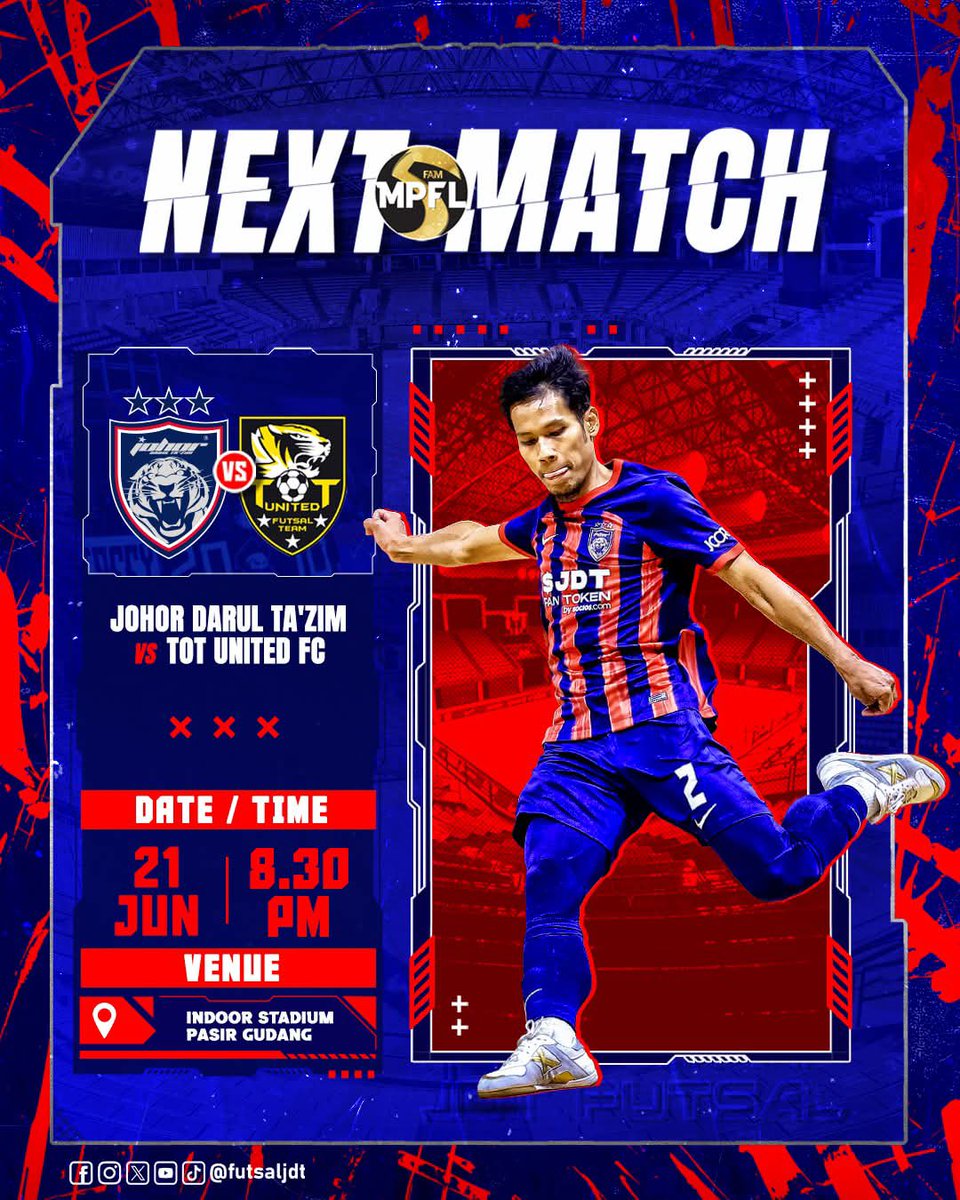 JDT Futsal (@futsaljdt) on Twitter photo ๐ก๐๐ซ๐ง ๐ ๐๐ง๐๐ ๐ข๐ก ๐ข๐จ๐ฅ ๐๐ข๐ ๐ ๐๏ธ๐ด๐ต
JOHOR DARUL TAโZIM ๐ TOT UNITED
๐ MALAYSIA PREMIER FUTSAL LEAGUE 2025
๐๏ธ 21 JUNE 2025 (SATURDAY)
๐ PASIR GUDANG INDOOR STADIUM
โฑ๏ธ 8.30PM
#GW11
#MPFL2025
#JDTFutsal
#JDTFamily
#LuaskanKuasamuJohor ๐ก๐๐ซ๐ง ๐ ๐๐ง๐๐ ๐ข๐ก ๐ข๐จ๐ฅ ๐๐ข๐ ๐ ๐๏ธ๐ด๐ต
JOHOR DARUL TAโZIM ๐ TOT UNITED
๐ MALAYSIA PREMIER FUTSAL LEAGUE 2025
๐๏ธ 21 JUNE 2025 (SATURDAY)
๐ PASIR GUDANG INDOOR STADIUM
โฑ๏ธ 8.30PM
#GW11
#MPFL2025
#JDTFutsal
#JDTFamily
#LuaskanKuasamuJohor