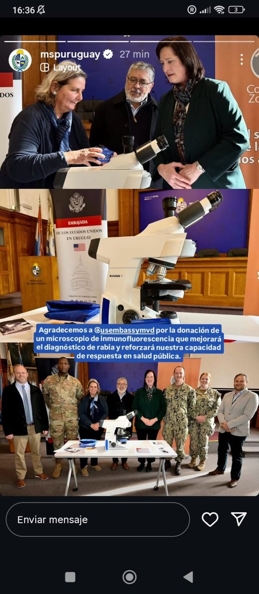 Gestión que comenzó hace ya dos años y que se recibe con gran alegría. Un microscopio donado por la embajada de USA para instalar un laboratorio para diagnóstico de rabia. Gracias Dra. Gabriela Willat y a quienes hicieron esto posible. @usembassymvd Gracias!