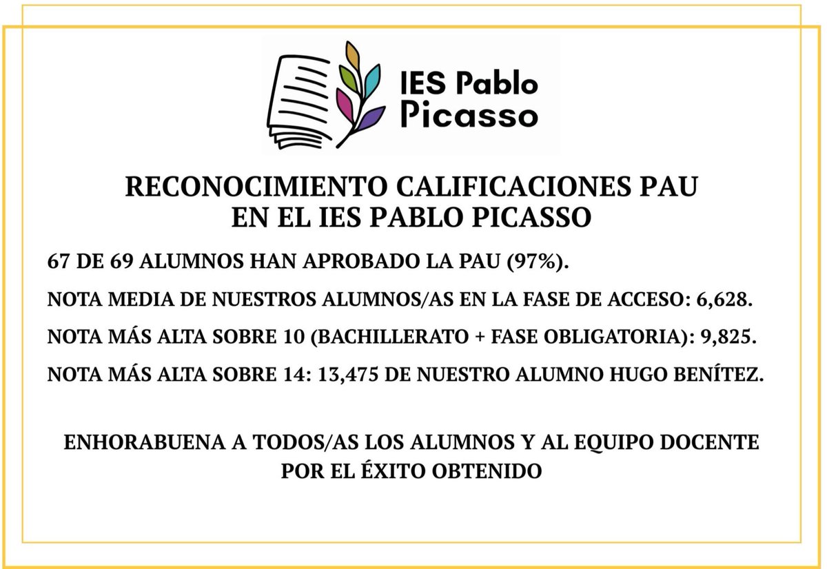 IESPicassoPinto's tweet photo. Enhorabuena a los alumnos/as por los excelentes resultados en la PAU. Felicidades a profesores/as por su dedicación para que los alumnos consigan sus metas y a las familias por su continuo apoyo y seguimiento #JuntosPicasso https://t.co/1ricAUqY8t