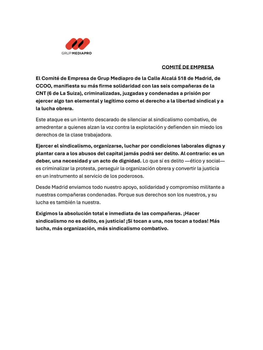 Comunicado solidaridad <a href="/6delaSuiza/">6 de la Suiza</a> #hacersindicalismonoesdelito #6delasuiza