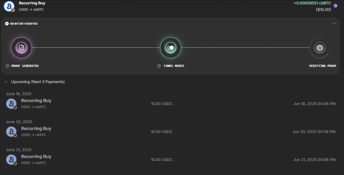 Testing <a href="/MagicNewton/">Newton</a> Recurring buy agent on the way

Thank you for bring it up a good strategy <a href="/giyu_eth_/">giyu 🔆</a> 

다들 MagicNewton의 Agent 활용해보실까요? 
아직 Beta버전이라 다양한 기능은 없지만 이렇게라도 시작을 할 수 있어서 다행입니다! 

현재 입금 지원하는 체인은 $Base, $Arb, $OP