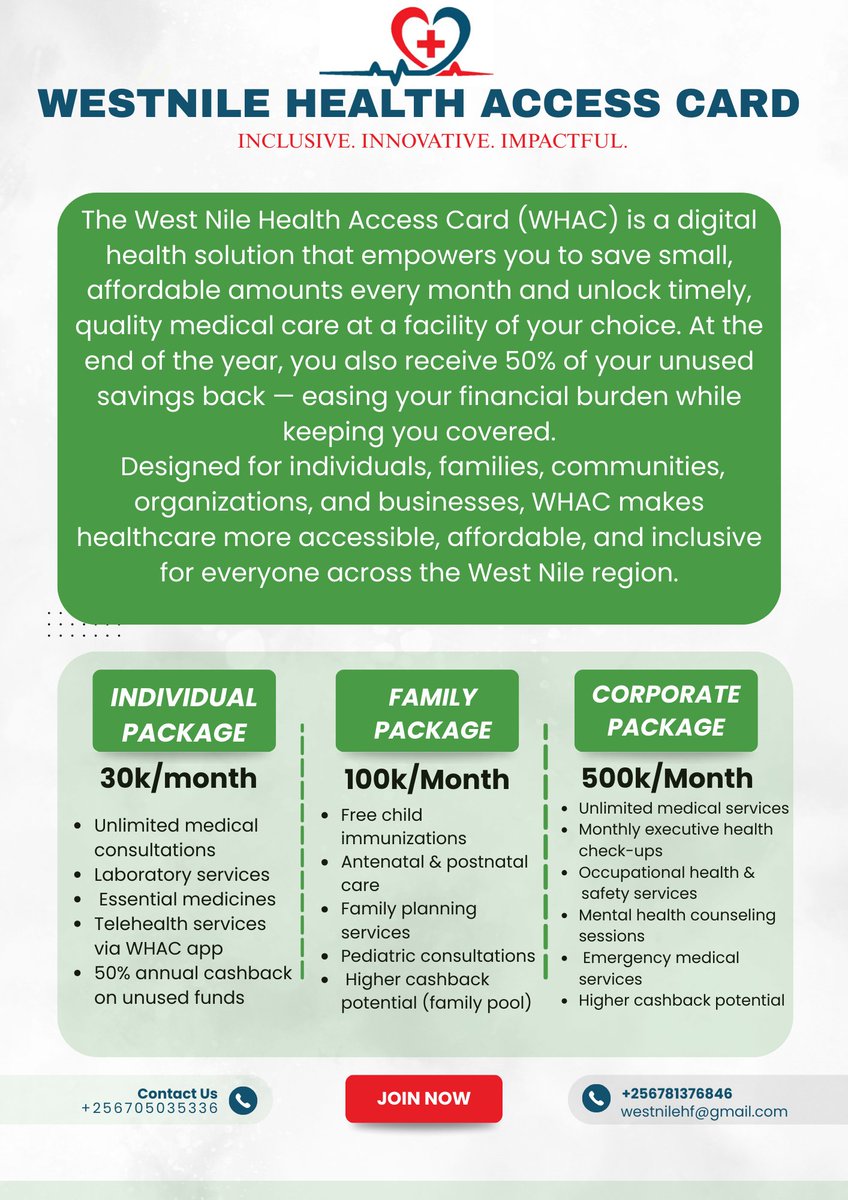 Westnile Health Forum (@wnhealthforum) on Twitter photo Introducing the #WestNile Health Access Card! 💳✨
Save as little as UGX 30,000 monthly and unlock access to quality, specialized healthcare at partner facilities across <a href="/AruaCityUg/">Arua City Council</a>.
Affordable. Reliable. Community-driven.
#WHAC #HealthForAll #WestNile Introducing the #WestNile Health Access Card! 💳✨
Save as little as UGX 30,000 monthly and unlock access to quality, specialized healthcare at partner facilities across <a href="/AruaCityUg/">Arua City Council</a>.
Affordable. Reliable. Community-driven.
#WHAC #HealthForAll #WestNile