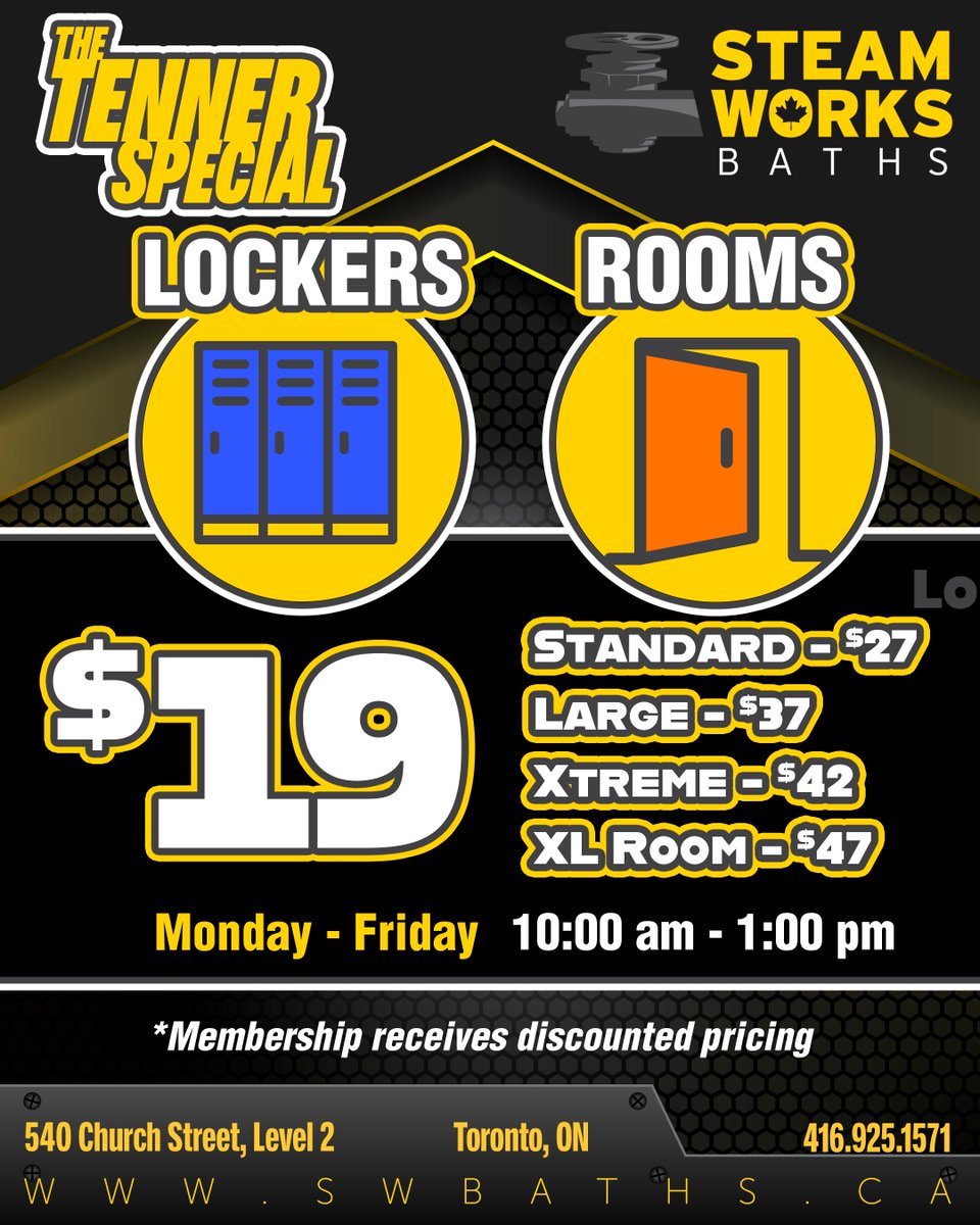 -Weekday specials-

Every week starting at 10am until 1pm. 

#steamworksbaths #steamworkstoronto #tennerspecial
