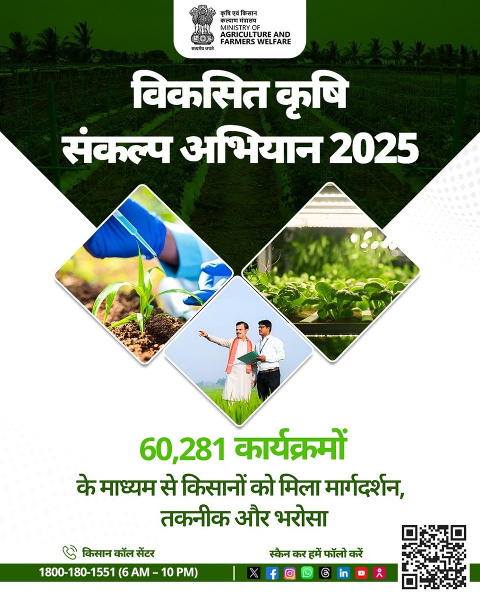 Technology in every hand,solutions in every field.
More than60,000 awareness &amp; training programs were conducted nationwide.Even the remotest regions gained access to agri-innovations The campaign is transforming grassroots farming through mass outreach #ViksitKrishiSamriddhKisan