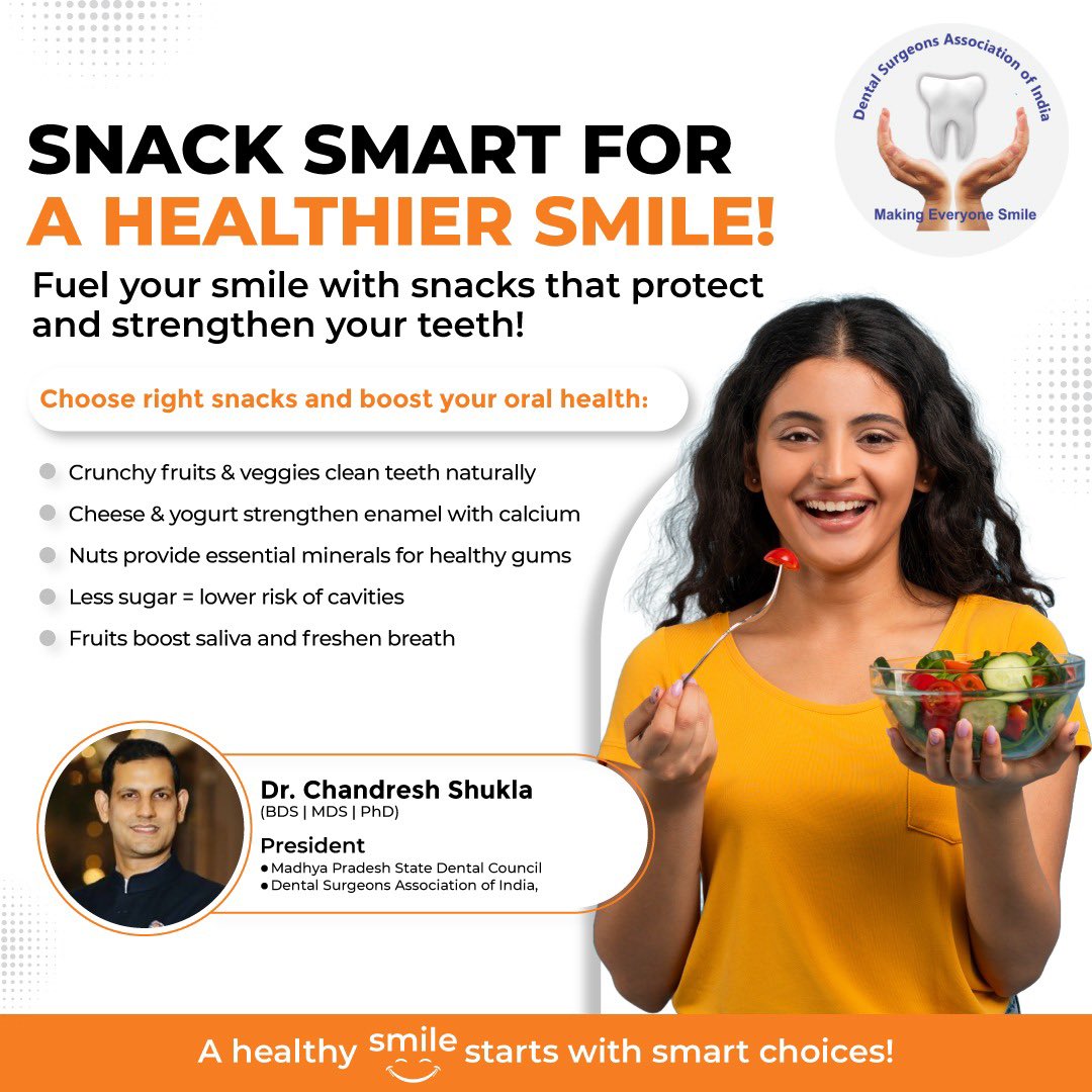 Chandresh1024's tweet photo. Not all snacks are created equal — some help your teeth stay strong and cavity-free!
Choose snacks that are kind to your teeth!
Healthy choices = healthier smiles! 
#HealthySnacks #DentalTips #SmileSmart #ToothFriendlyFoods #DSAI #DSWAI #OralHealthAwareness #EatForYourTeeth https://t.co/CR0kFJ5R3N