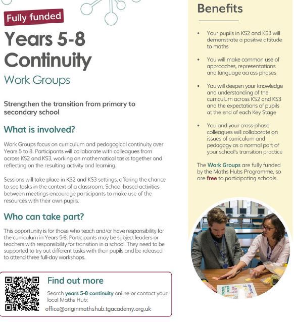 🚨 KS2–KS3 teachers: Join a fully funded Work Group to strengthen transition from primary to secondary school. 

✅ Collaborate cross-phase
✅ Deepen curriculum knowledge
✅Common use of approaches, representations and language across phases

Sign up here buff.ly/uOuWmBA