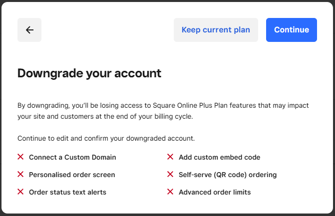 mcgreenhalgh's tweet photo. @SquareSupport Your website appears to be fully functional and operating normally until I get to this screen when suddenly the Continue button doesn't do anything. A cynic would say this is a deliberate attempt to stop me downgrading but I'm sure that's not the case. Please help. https://t.co/tYI4HGGswI