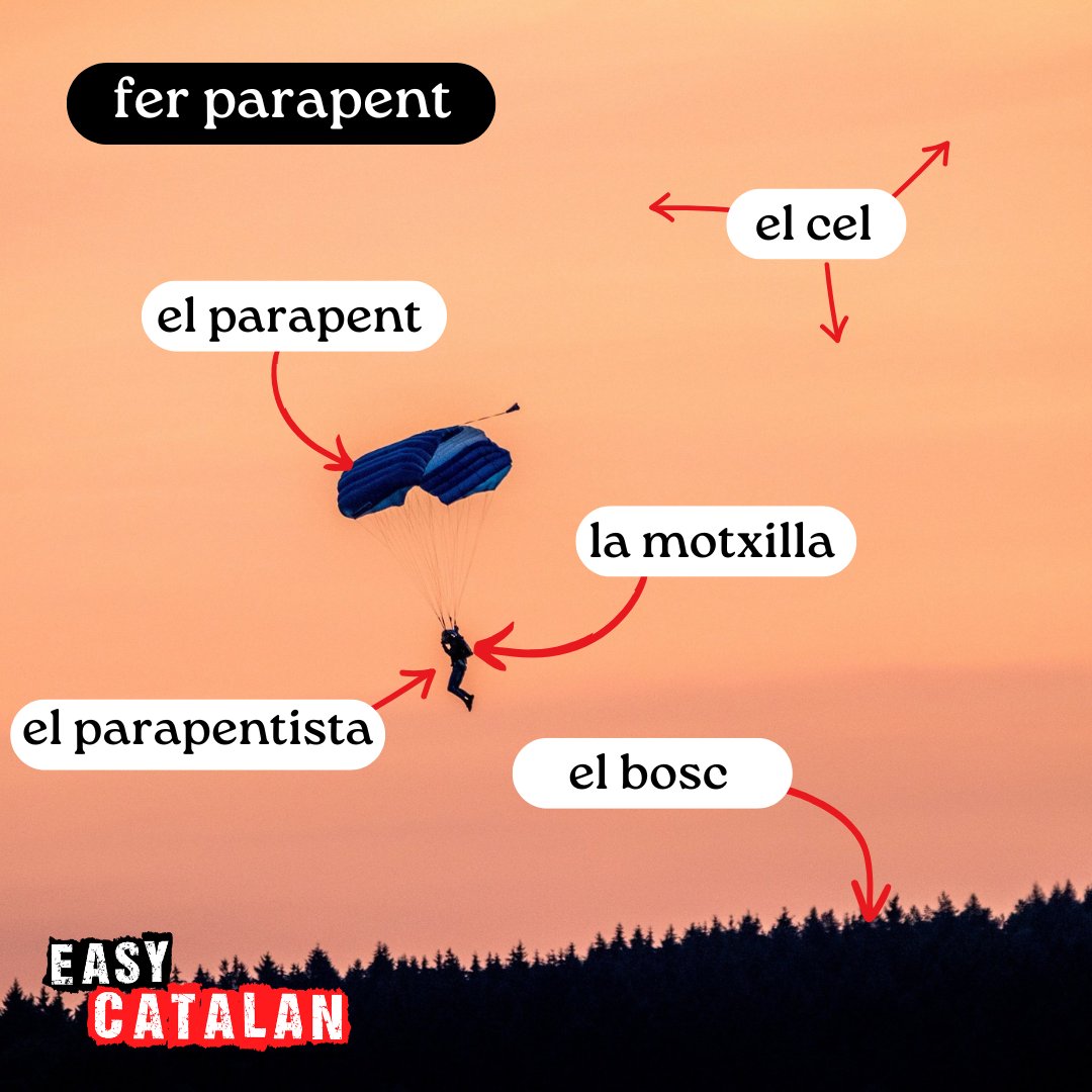 Fas esports extrems? 🪂

VOCABULARI 📝
fer parapent / hacer parapente / to paraglide
el parapent / el parapente / paraglider wing
el cel / cielo / sky
la motxilla / mochila / backpack
el parapentista / parapentista / paraglider pilot
el bosc / bosque / forest

#sports #catalan