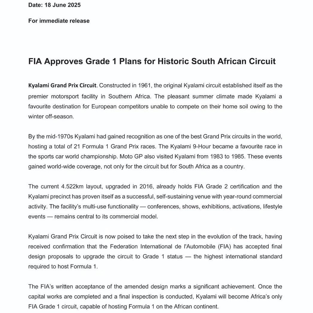 🚨| FIA HAS APPROVED GRADE 1 PLANS FOR KYALAMI

"This is a defining moment for South African motorsport. Today, we turn the page to a bold new chapter for Kyalami. We are ready for the return of Formula 1 to African soil." - Toby Venter