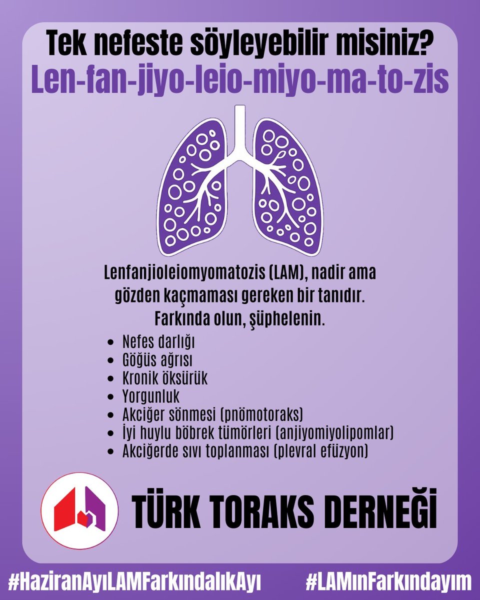 Türk Toraks Derneği' nin "Lenfanjiyoleyomiyomatozis (LAM) Farkındalık Ayı" ile ilgili basın bildirisine aşağıdaki linkten ulaşabilirsiniz.
Basın bildirisinin hazırlanmasında emeği geçen  Klinik Sorunlar Çalışma Grubu'na katkıları nedeniyle teşekkür ederiz.
toraks.org.tr/site/community…