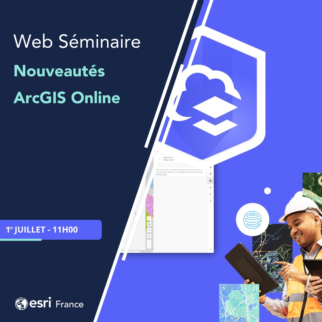 Web Séminaire Actualités &amp; évolutions d’ArcGIS Online 
📅 1er juillet 2025 | 🕚 11h00 – 12h00

Rejoignez-nous pour un web séminaire dédié aux évolutions majeures d’ArcGIS Online survenues au cours du 1er semestre 2025, avec un focus sur les mises à jour de février et de juin.
Au