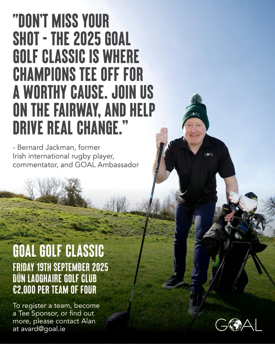 Rugby commentator and GOAL Ambassador Bernard Jackman is getting behind the GOAL Golf Classic.  

Join us Sept 19 at Dun Laoghaire GC for golf, networking &amp; impact – all levels and abilities welcome! 

Team of 4: €2,000 | Breakfast, BBQ, drinks included. 

Sponsors get: 
✔️