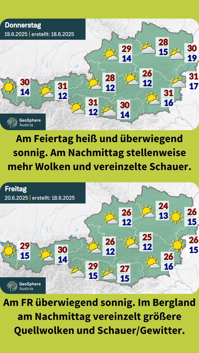 GeoSphere_AT's tweet image. #Sommerwetter am langen #Wochenende in #Österreich: Überwiegend #sonnig und sehr #warm bis #heiß. Nur vereinzelt entstehen #Schauer oder #Gewitter. Details auf geosphere.at/de/karten/wett…
