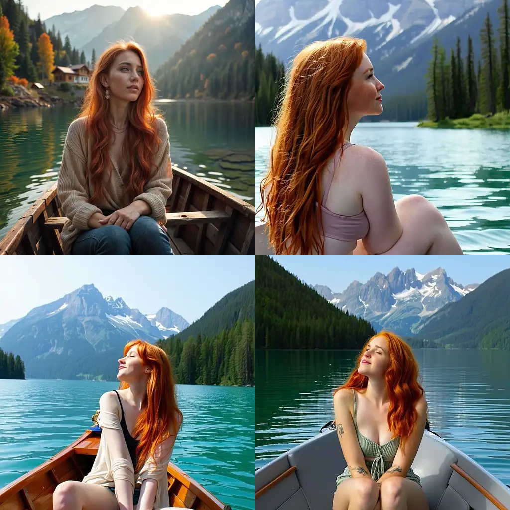 Prompt: Crimson-haired lady on a tranquil lake, floating in a boat, her pensive gaze fixed on distant peaks.

#LakeView #RedHair #PensiveMood #Mountainscape
