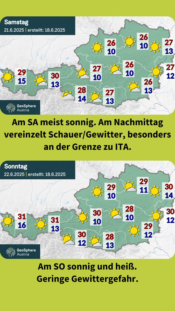 GeoSphere_AT's tweet image. #Sommerwetter am langen #Wochenende in #Österreich: Überwiegend #sonnig und sehr #warm bis #heiß. Nur vereinzelt entstehen #Schauer oder #Gewitter. Details auf geosphere.at/de/karten/wett…