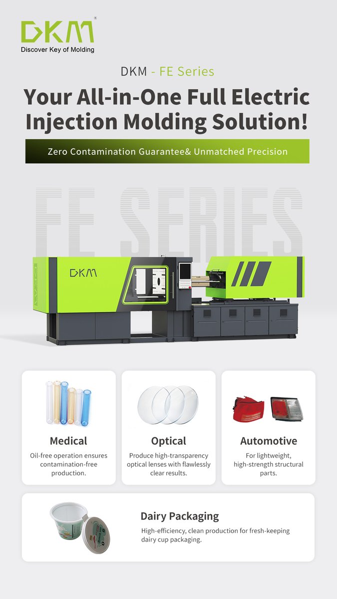 DKM_Machinery's tweet photo. DKM Full Electric Injection Machine
1.Oil -free operation ensure contamination-free production
2.Produce high transparency optical lenses with flawlessly clear result
3.For lightweight, high strength structural parts.

If you are interested, come to us.

 0086 152 1580 7221 https://t.co/mXXOpf4AwH