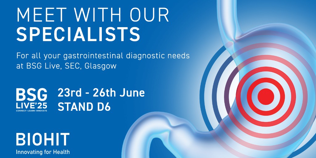 We’re heading to #BSGLIVE25, taking place from the 23rd to the 26th of June!

Visit us at stand D6 to explore GastroPanel® Quick Test NT and SmarTest® Calprotectin Home Test. 

And don’t miss Dr Cinzia Papadia's talk on the 24th! 

Set up a meeting: biohithealthcare.co.uk/contact/