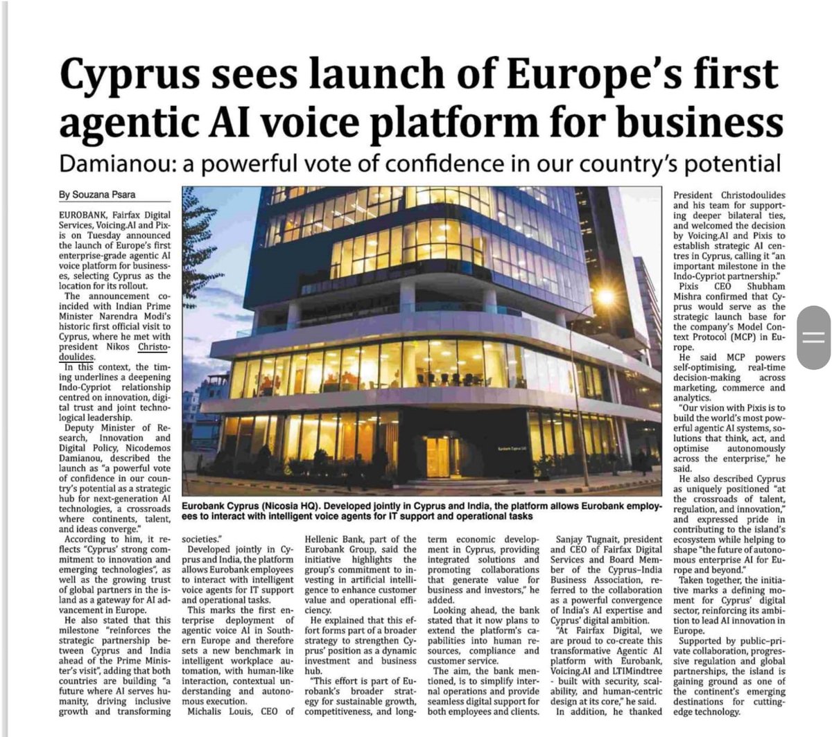 ❗The launch of Europe’s first enterprise-grade agentic #AI voice platform in #Cyprus marks a powerful vote of confidence in our country’s potential as a strategic hub for next-generation AI technologies—a crossroads where continents, talent, and ideas converge.

🔹It reflects