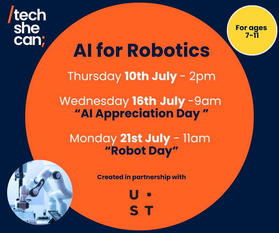 Tech_She_Can's tweet image. Bring AI to life in your classroom! Join our FREE live lesson on AI for Robotics for ages 7–11 – explore space tech, medical bots & more!
📅 10, 16 (AI Day) & 21 July (Robot Day)
🎓 Interactive. Inspiring. Free.
With @USTglobal.
🔗 techshecan.org/live-assemblies
#PrimarySTEM