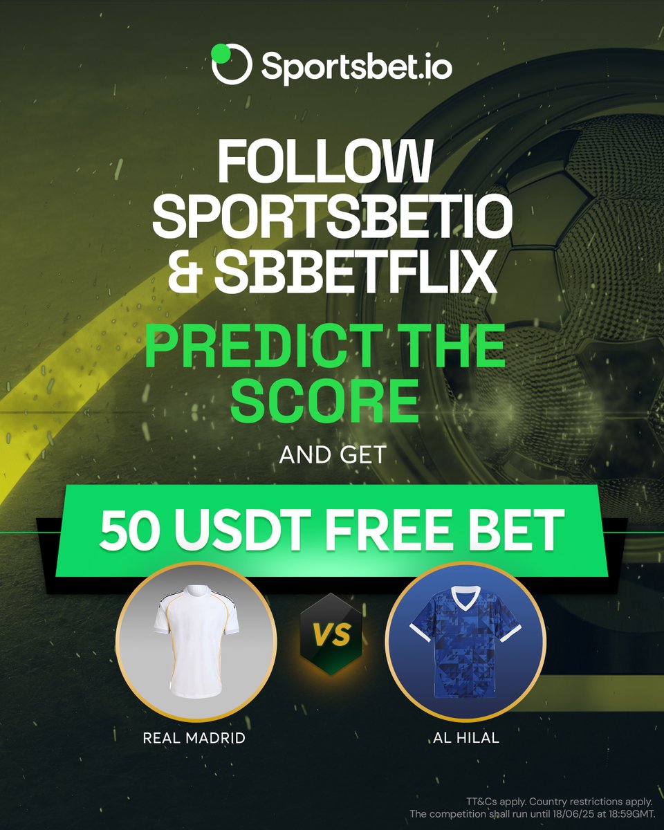 Sportsbetio's tweet image. 5️⃣0️⃣ USDT FREE BETS just for you 🚀 
Here’s your chance to win a free bet during the #FIFACWC ⚽

How to Enter:
✅ Follow @Sportsbetio &amp;amp; @SbBetflix 
🤔 Predict the score &amp;amp; tag a friend 
🔄 Repost for an extra chance to win

Five winners will be randomly selected from entries…