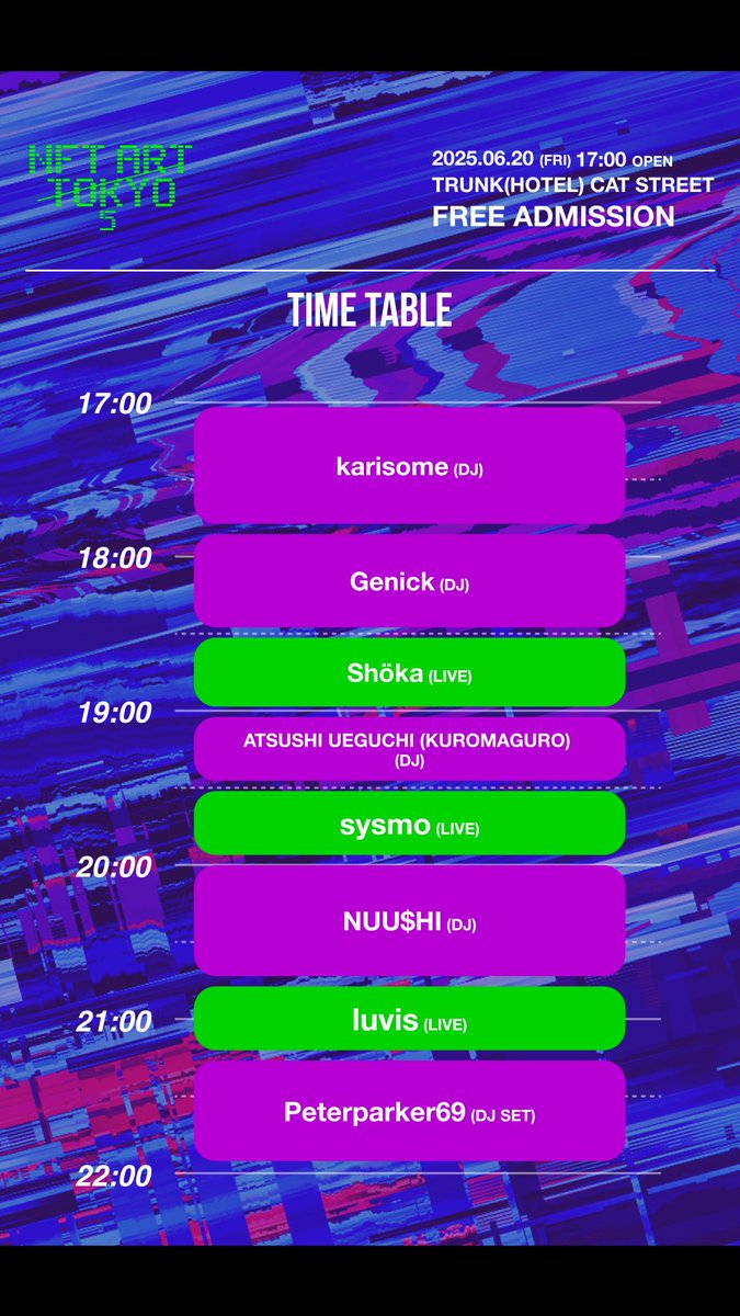 #NAT5 開催まであと46時間⏳
ここでLIVE/DJ ACTのタイムテーブルを発表します！🎉👀

今回はこれまでに以上に、才能あふれる次世代のアーティストの方々にフォーカスを当ててキュレーションをしています✨
素晴らしいアーティストばかりなので、ご期待ください👍🎵

#金曜夕方はNAT5