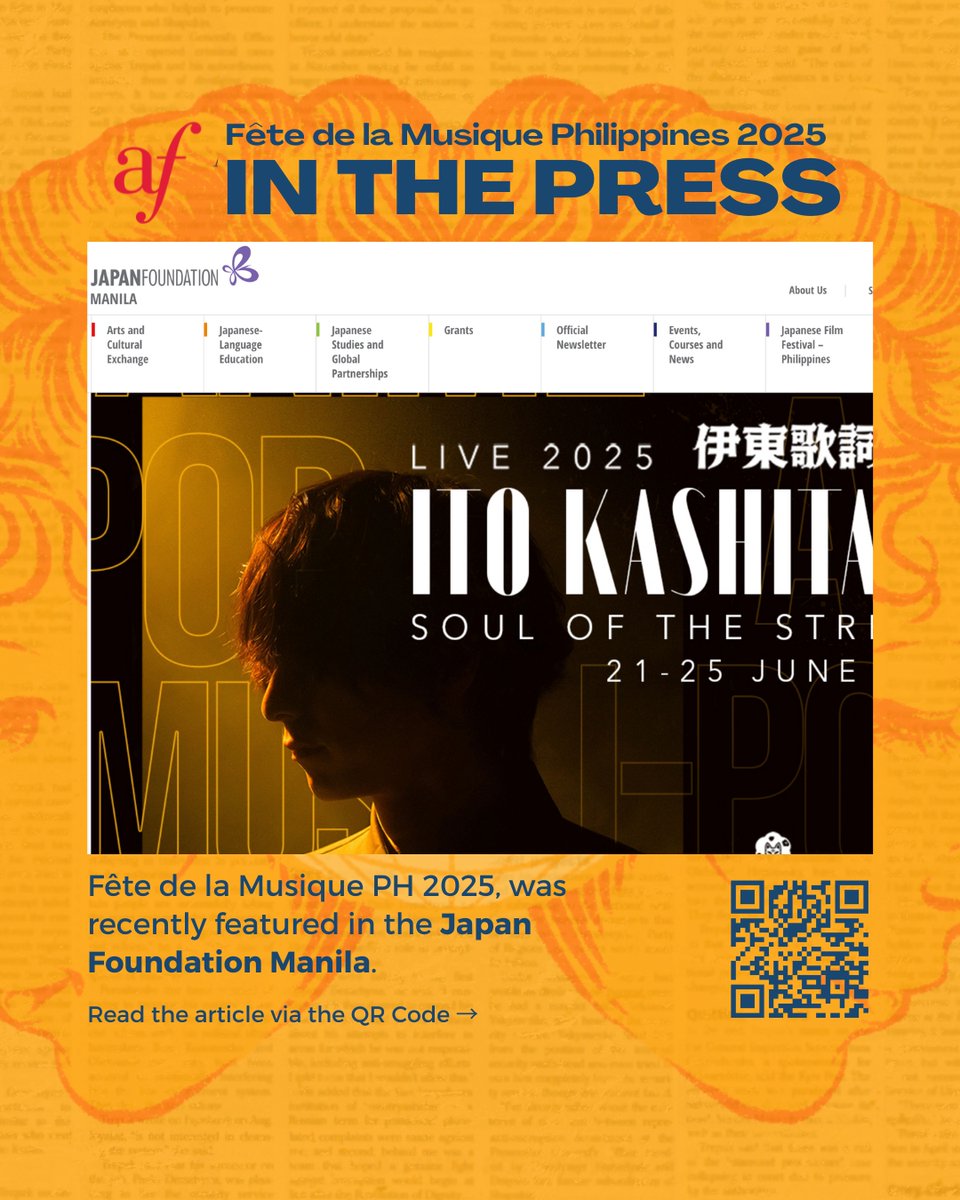 AFManille (@afmanille) on Twitter photo 📰AFM in the Press! 📰
This year’s Fête de la Musique PH has been featured in articles by @billboardphofficial, @esquireph, @jfmanila, <a href="/philconcerts/">Philippine Concerts</a>, @nylonmanila, <a href="/rollingstoneph/">Rolling Stone Philippines</a>, @tatlerphilippines, and The Daily Tribune. 📰AFM in the Press! 📰
This year’s Fête de la Musique PH has been featured in articles by @billboardphofficial, @esquireph, @jfmanila, <a href="/philconcerts/">Philippine Concerts</a>, @nylonmanila, <a href="/rollingstoneph/">Rolling Stone Philippines</a>, @tatlerphilippines, and The Daily Tribune.