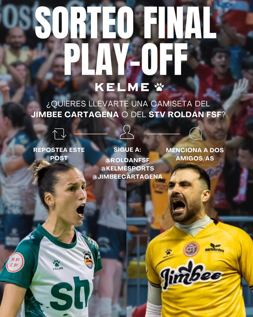 ¡Sorteamos 2 camisetas Kelme 🐾 para que vivas los Play-Offs al máximo! 🏆

👕🟡 del Jimbee
👕⚪️ del Roldán

¿Quieres llevarte una a casa? 🏡

✅ Sigue a <a href="/Kelmesports/">KELME España</a>, <a href="/JimbeeCartagena/">Jimbee Cartagena Costa Cálida</a> y <a href="/RoldanFSF/">STV Roldán FSF</a>
👥 Menciona a 2 amig@s
🔁 Repostea

🗓️ Participa hasta el lunes 23/06 a las 15:00