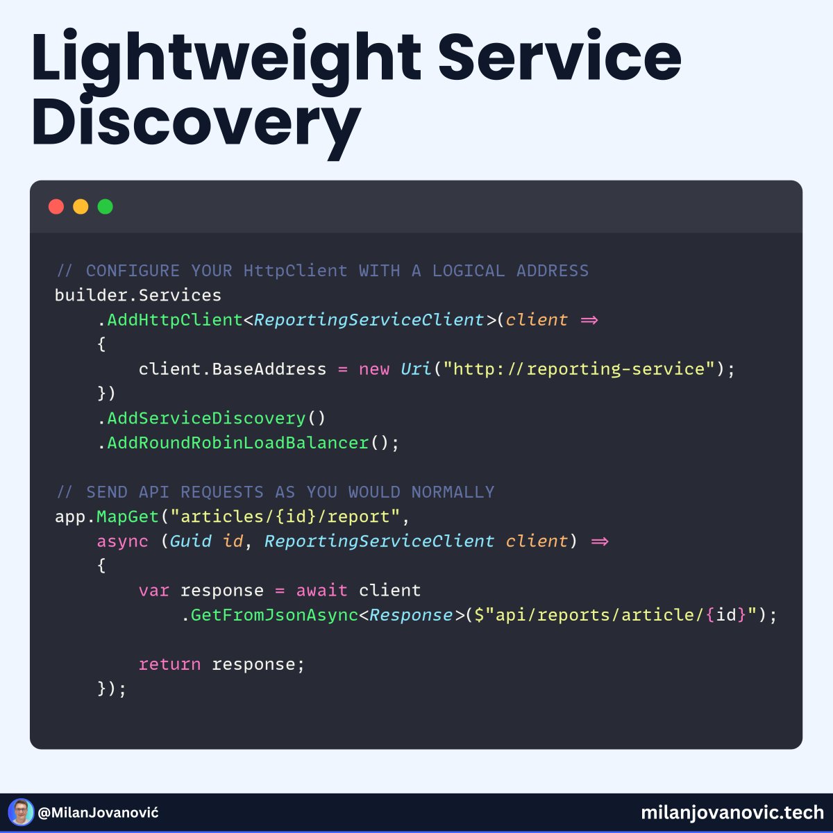 mjovanovictech's tweet image. Tired of hardcoding service URLs?

With service discovery, you can use logical names in your HTTP calls, like `http:// orders-service`.

At runtime, the discovery client resolves that to the actual address.

This works seamlessly with HttpClient in .NET and makes your…
