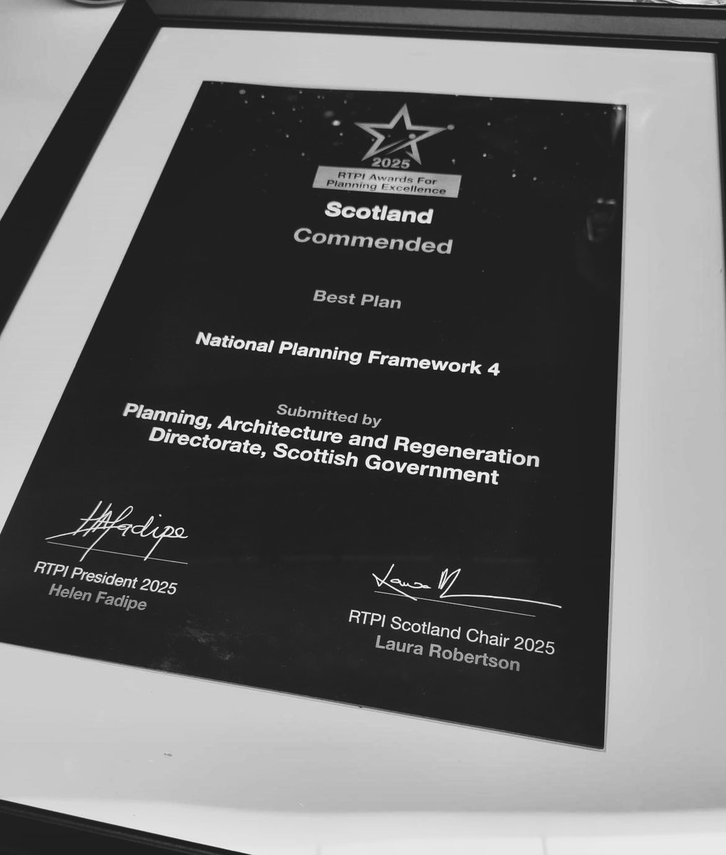 We are delighted to see the National Planning Framework 4 commended by #rtpiscotlandawards2025 in the Best Plan category.  Congratulations to all the winners and those shortlisted.