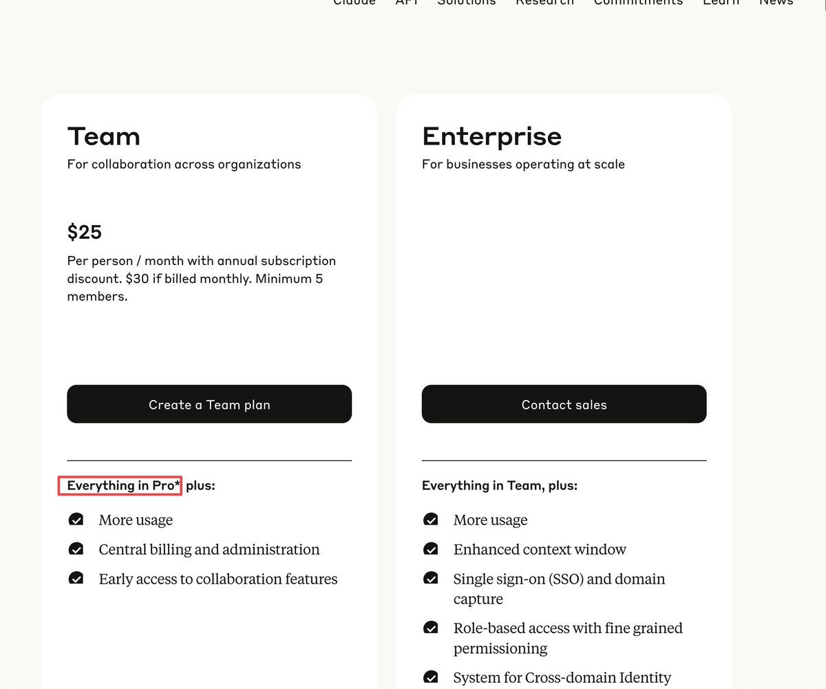 Hey <a href="/AnthropicAI/">Anthropic</a> - this is a pretty misleading asterisk given that Claude Code is quite a significant component of "Everything in Pro"

Maybe put a much more obvious bullet point below saying "x Claude Code is excluded" instead of only at the bottom of the page.