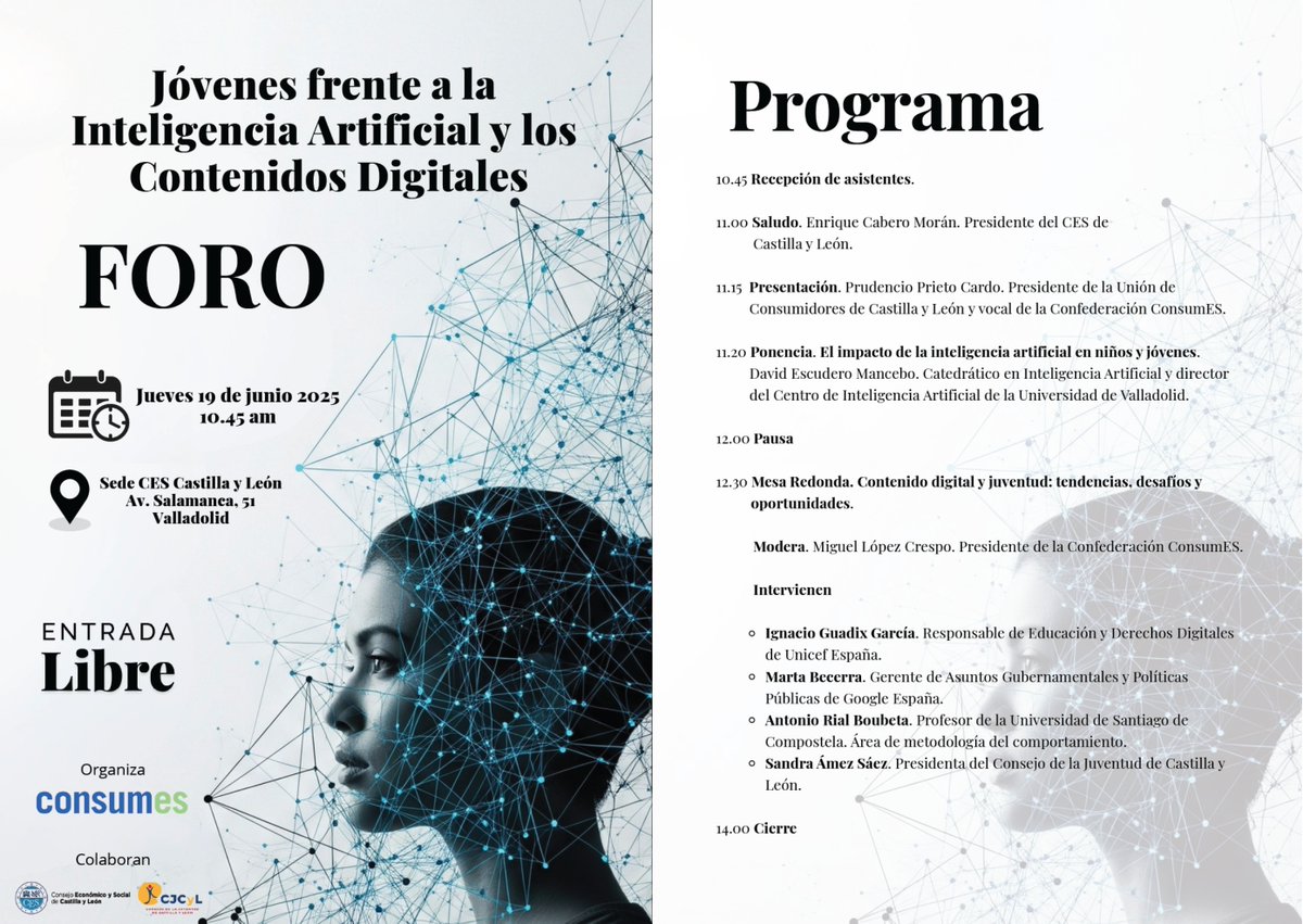 CES Castilla y León (@cescyl) on Twitter photo 🗓️MAÑANA 19 junio⏰10:45 h. Foro “Jóvenes frente a la Inteligencia Artificial y los Contenidos Digitales”🤖#IA, organizado por <a href="/ConsumEs_es/">ConsumES</a>, en colaboración con el <a href="/cescyl/">CES Castilla y León</a> y el <a href="/CJCyL/">Consejo de la Juventud de Castilla y León</a> y con expertos de la <a href="/UVa_es/">Gabinete de Comunicación Universidad de Valladolid</a> y de <a href="/UniversidadeUSC/">USC</a> y responsables de <a href="/GoogleES/">Google España</a> y de <a href="/unicef_es/">UNICEF España</a> 🗓️MAÑANA 19 junio⏰10:45 h. Foro “Jóvenes frente a la Inteligencia Artificial y los Contenidos Digitales”🤖#IA, organizado por <a href="/ConsumEs_es/">ConsumES</a>, en colaboración con el <a href="/cescyl/">CES Castilla y León</a> y el <a href="/CJCyL/">Consejo de la Juventud de Castilla y León</a> y con expertos de la <a href="/UVa_es/">Gabinete de Comunicación Universidad de Valladolid</a> y de <a href="/UniversidadeUSC/">USC</a> y responsables de <a href="/GoogleES/">Google España</a> y de <a href="/unicef_es/">UNICEF España</a>