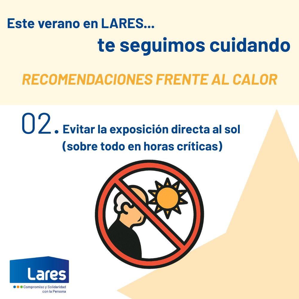🌊Este #verano, te seguimos cuidando

🌞 Evitar la exposición directa al sol, sobre todo de 12h a 17h, es clave para prevenir golpes de #calor

🏘️En los centros Lares adaptamos horarios y espacios para #cuidar a quienes más lo necesitan

#ResidenciasQueCuidan #VeranoSeguro