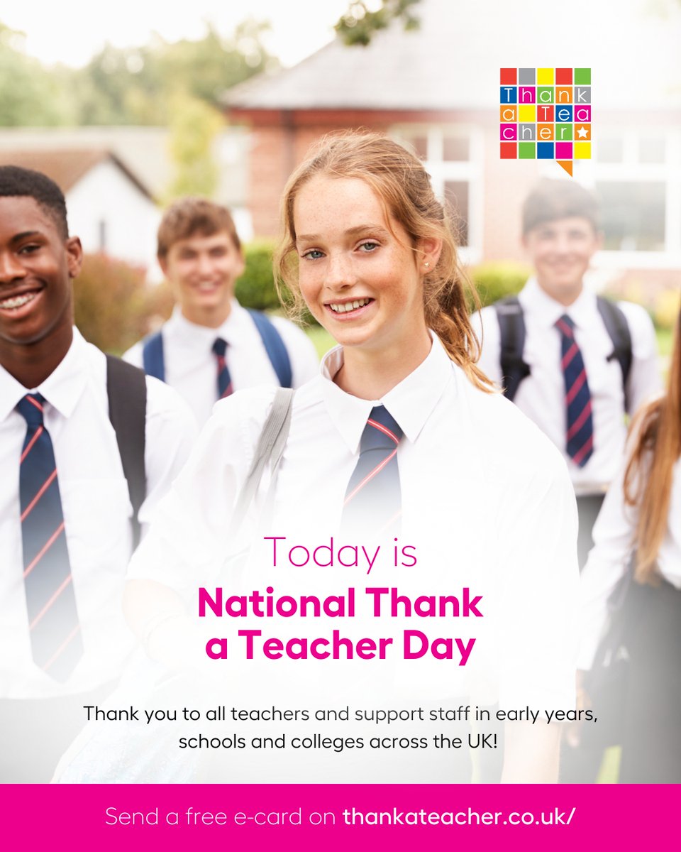 It’s National #ThankaTeacherDay!
Thank you so much to all the amazing support staff and teachers working in our schools, colleges and early years settings across the UK.
You are amazing!
Don’t forget to say thank you by sending a FREE e-card today: bit.ly/3vzBNcO! 💚