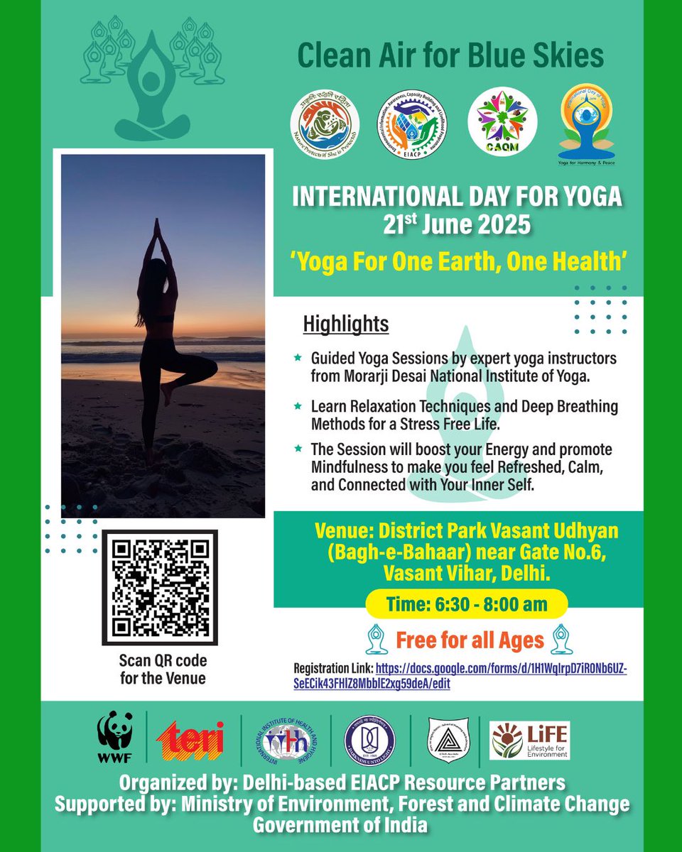 Registration link: docs.google.com/forms/d/1H1WqI…

#InternationalDayOfYoga2025 
#YogaInThePark #MindfulLiving #BreatheClean
#MorarjiDesaiYoga #YogaDelhi #gogreenbreatheclean #pmoindia #pmo #YogaWithNature #yogasangam #missionlife #adopthealthylifestyle
