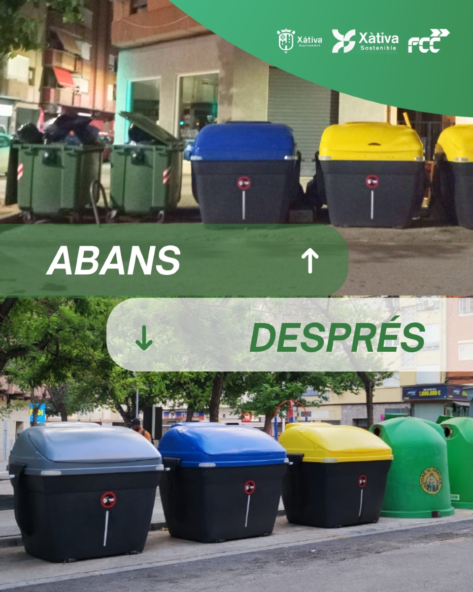 Segur que ja esteu veient els contenidors grisos per la ciutat 👀

🤔 Què canvia?
L'ús és el mateix que als antics contenidors verds: ací van els residus que no es poden reciclar.

➡️ Per què aquest canvi?
Per millorar la recollida i fer un pas més cap a una #XàtivaSostenible.