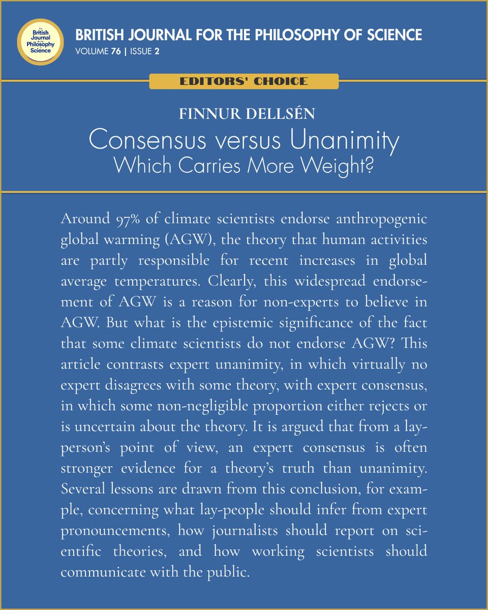 New issue, new Editors' Choice article (free to read):

Finnur Dellsén,
‘Consensus versus Unanimity: Which Carries More Weight?’

Read it here: journals.uchicago.edu/doi/10.1086/71… 

#philsci #hps