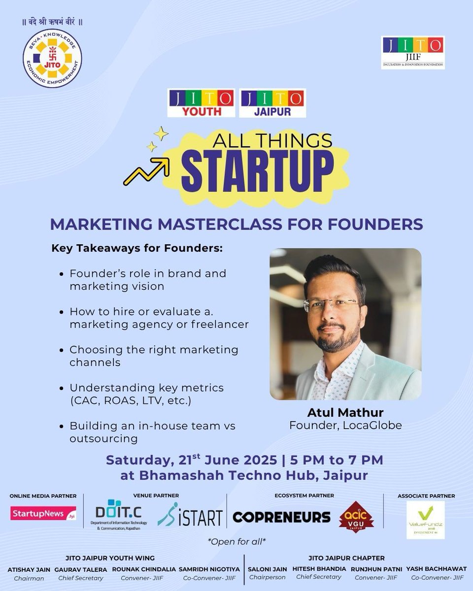 🎯 All Things Startup – 3.0 | Jaipur Edition
Presented by JITO Youth Jaipur - JIIF

This month’s theme: Marketing Masterclass for Founders 📈
Not ads. Not hacks. Just real strategy — from a founder's lens.

📅 Date: June 21
📍 Venue: Jaipur, Rajasthan
🎟 Register Now: